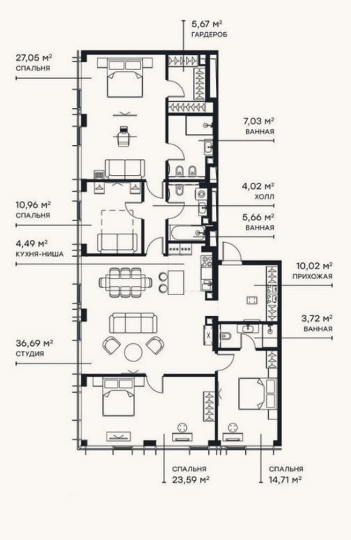 Планировка: 4+ к, 153,6 м²