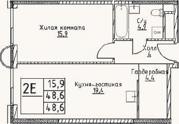 Планировка: 2-к, 48,6 м²