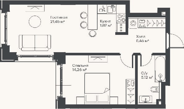 Планировка: 2-к, 48,2 м²