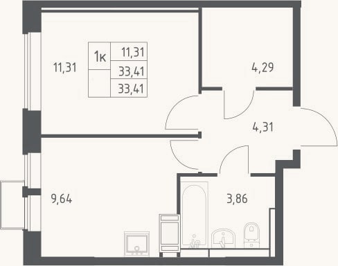 Планировка: 1-к, 33,4 м²