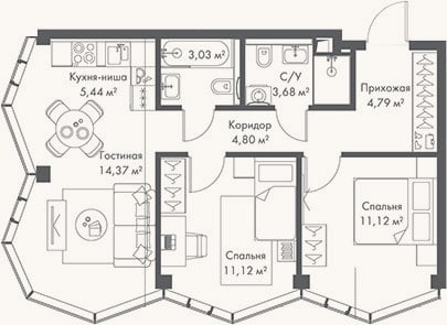 Планировка: 3-к, 58,4 м²