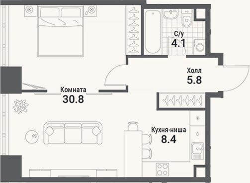 Планировка: Студия, 49,1 м²