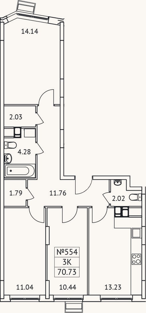 Планировка: 3-к, 70,7 м²