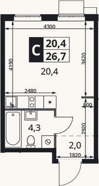 Планировка: Студия, 26,7 м²
