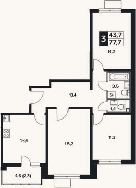 Планировка: 3-к, 75,4 м²
