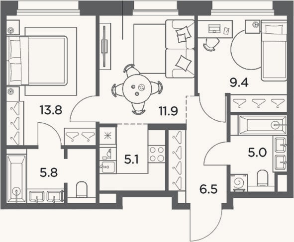 Планировка: 3-к, 57,5 м²
