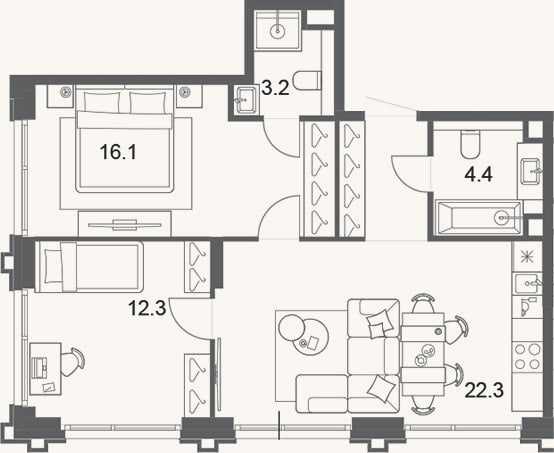 Планировка: 3-к, 62,3 м²
