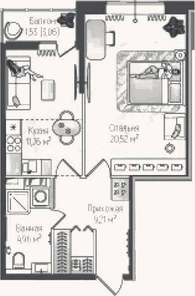 Планировка: 2-к, 46,5 м²
