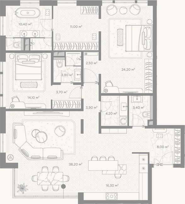Планировка: 2-к, 143,8 м²
