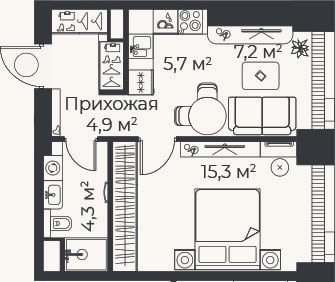 Планировка: 2-к, 37,4 м²