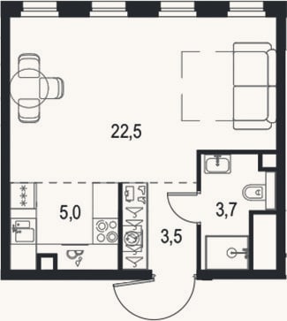 Планировка: 1-к, 34,4 м²