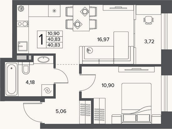 Планировка: 2-к, 37,1 м²