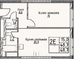 Планировка: 2-к, 48,7 м²