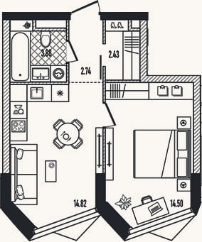 Планировка: 2-к, 38,4 м²