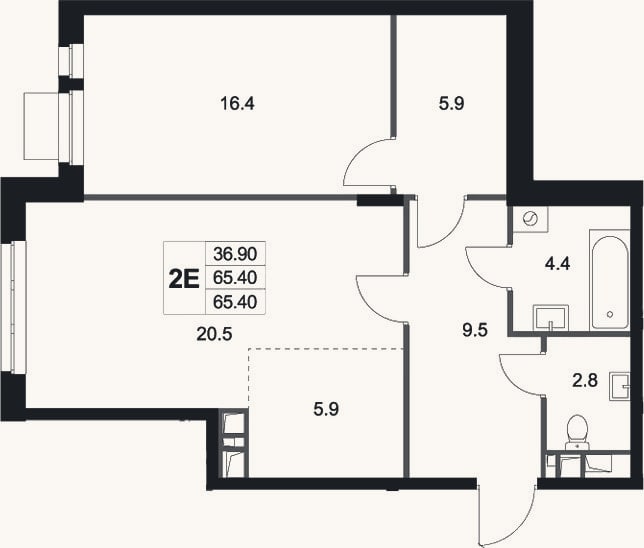 Планировка: 2-к, 65,4 м²