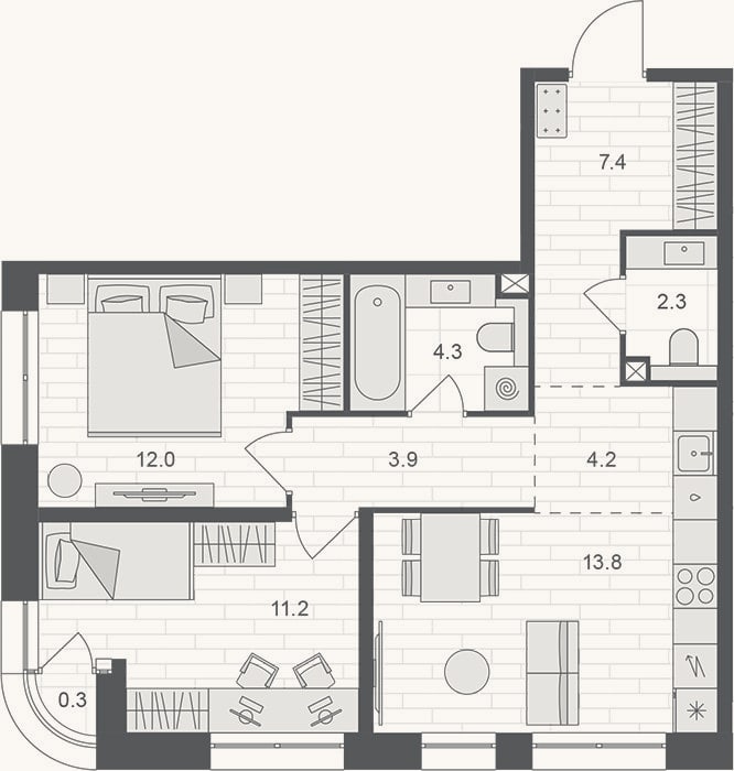 Планировка: 3-к, 59,1 м²