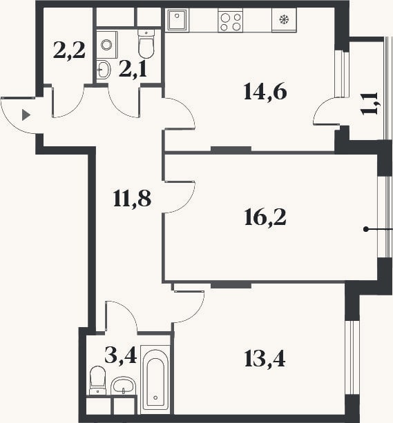 Планировка: 2-к, 63,6 м²