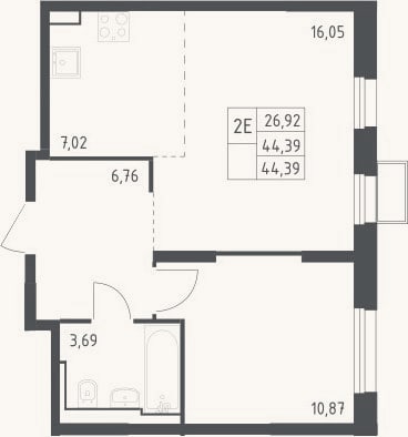 Планировка: 2-к, 44,4 м²