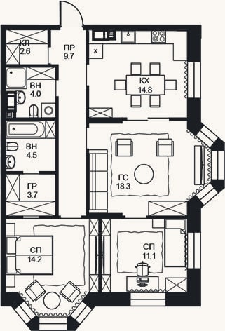 Планировка: 3-к, 82,9 м²