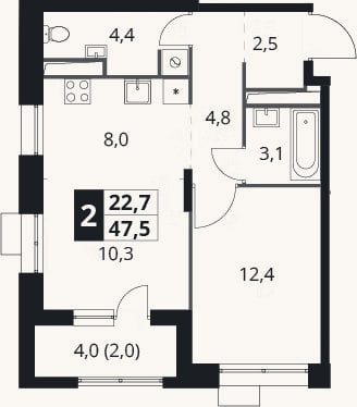 Планировка: 2-к, 45,5 м²