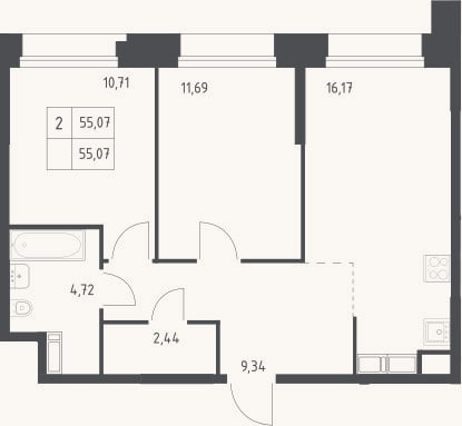 Планировка: 2-к, 55,1 м²