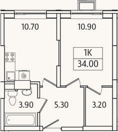Планировка: 1-к, 34 м²