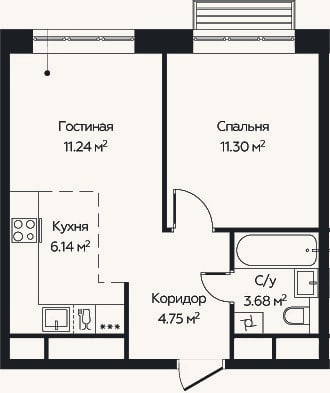 Планировка: 2-к, 37,1 м²