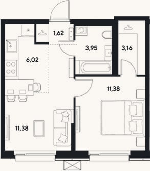 Планировка: 2-к, 37,5 м²