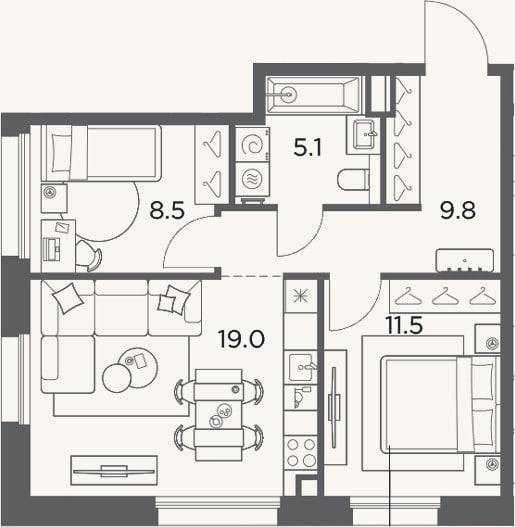 Планировка: 2-к, 53,9 м²