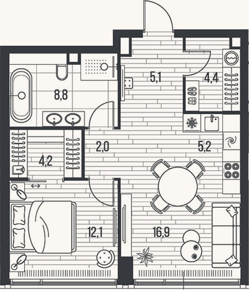 Планировка: 2-к, 58,7 м²