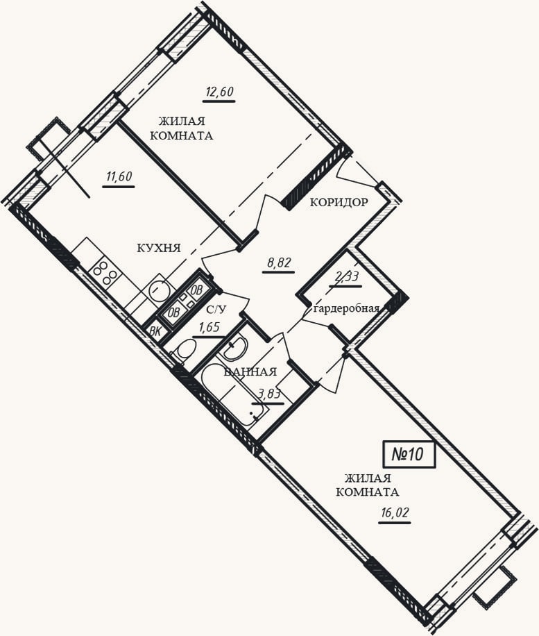 Планировка: 2-к, 56,9 м²
