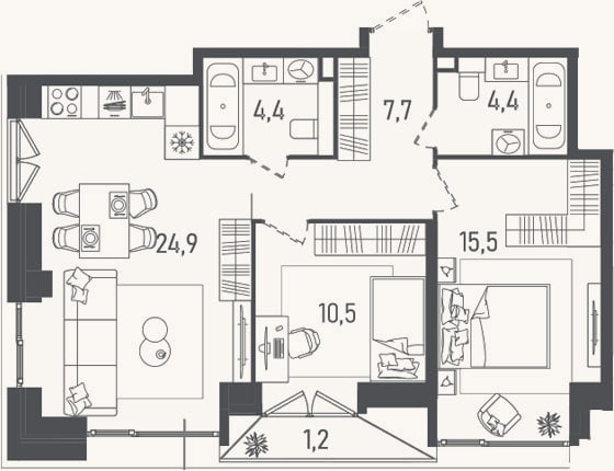 Планировка: 3-к, 67,4 м²