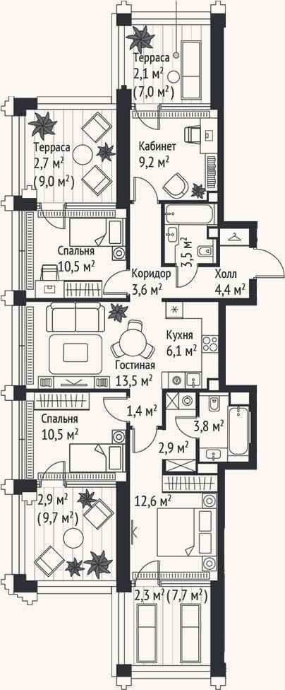 Планировка: 4+ к, 82 м²