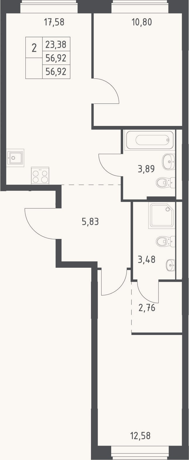 Планировка: 3-к, 56,9 м²