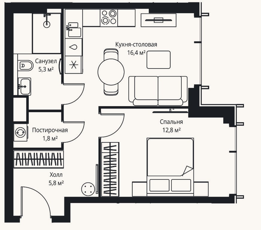 Планировка: 1-к, 42,1 м²