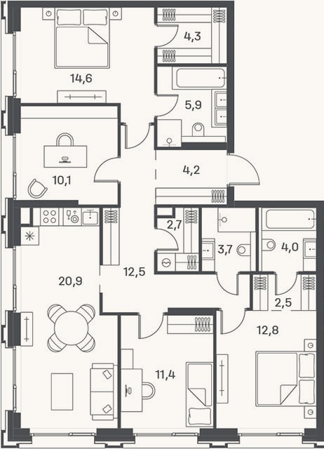 Планировка: 4+ к, 109,6 м²