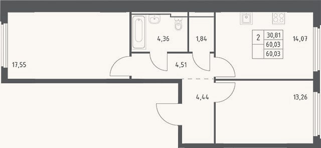 Планировка: 2-к, 60 м²