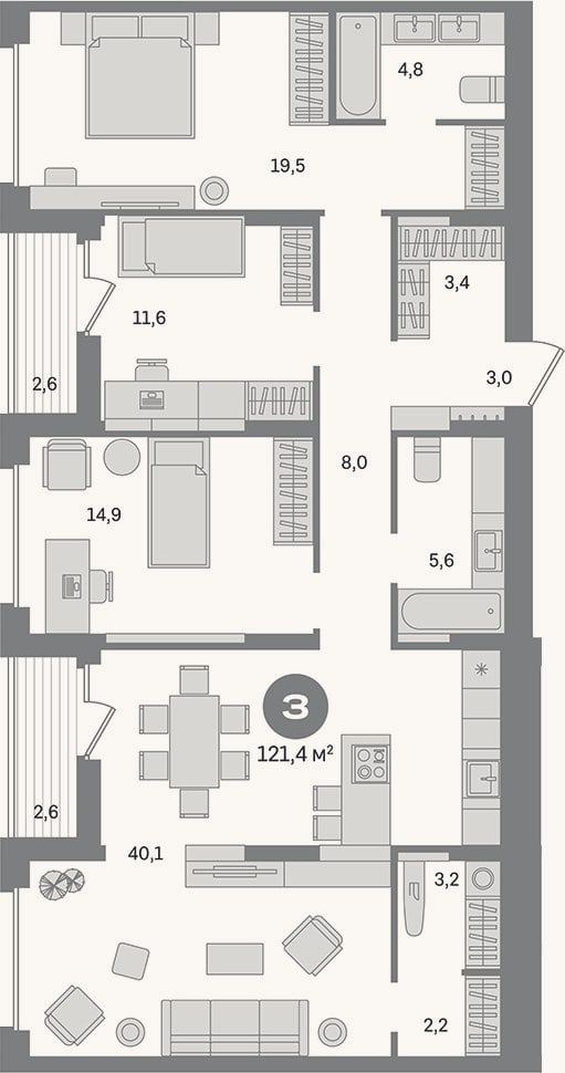 Планировка: 3-к, 116,2 м²