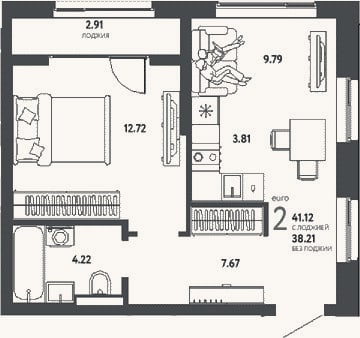 Планировка: 2-к, 38,2 м²