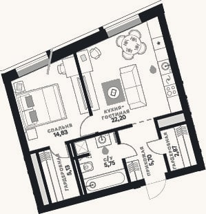 Планировка: 2-к, 56,5 м²