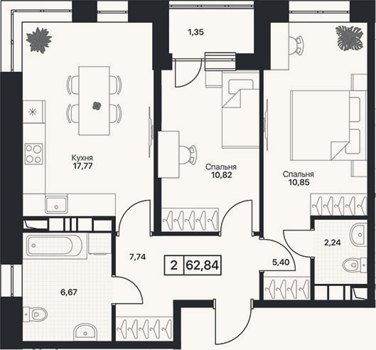 Планировка: 2-к, 61,5 м²