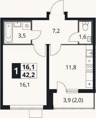 Планировка: 1-к, 40,2 м²