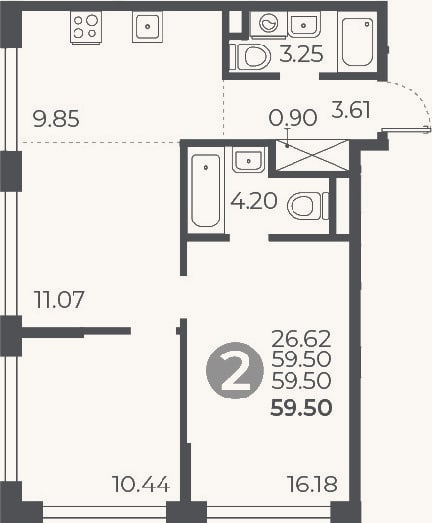 Планировка: 2-к, 59,5 м²