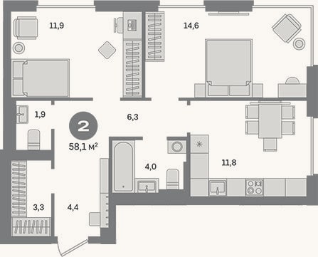 Планировка: 2-к, 58,1 м²