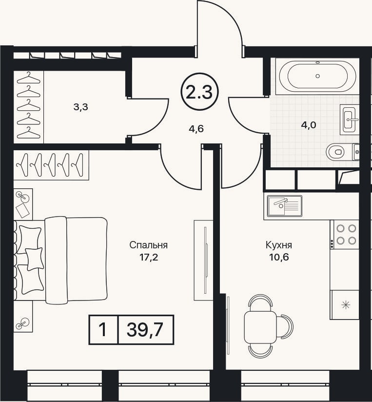 Планировка: 1-к, 39,7 м²