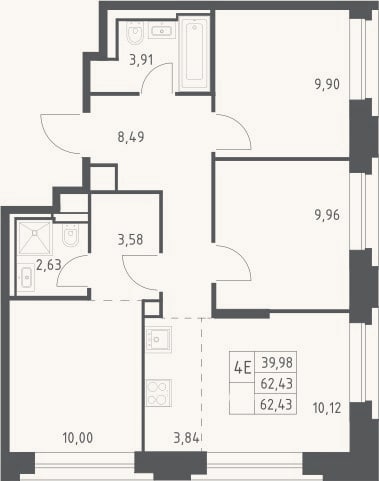 Планировка: 4+ к, 62,4 м²