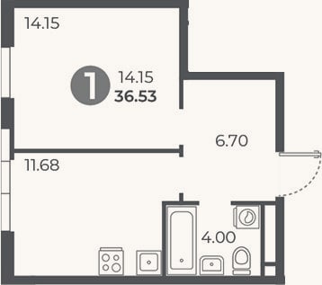 Планировка: 1-к, 36,5 м²