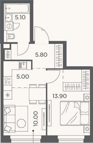 Планировка: 2-к, 39,8 м²
