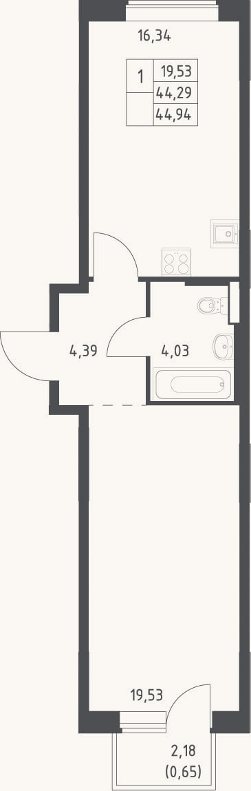 Планировка: 2-к, 44,3 м²