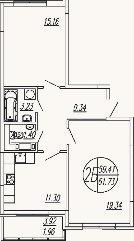 Планировка: 2-к, 59,8 м²